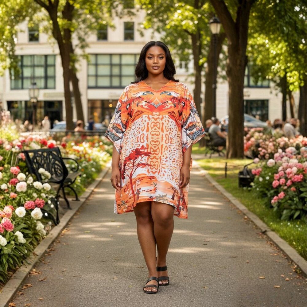 Floral Printed Orange Polyester Short Caftan Tunic Dress for Women by Gypsie Blu